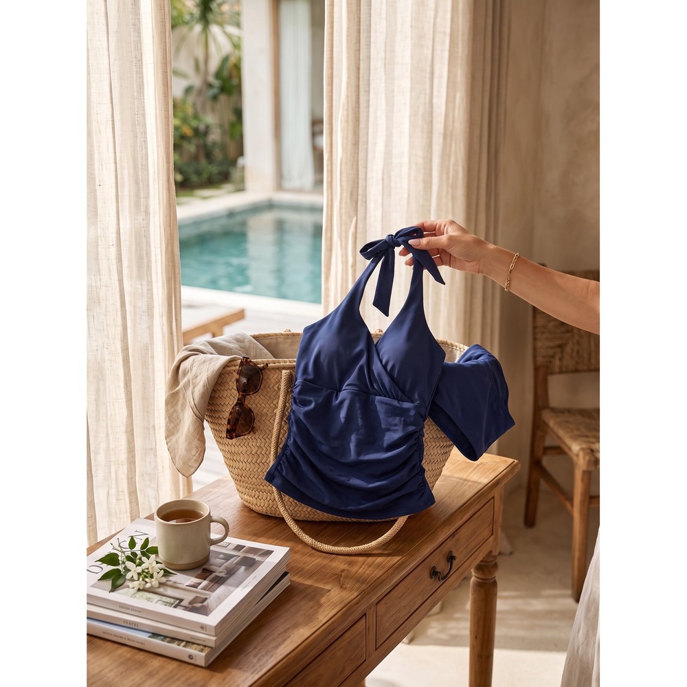 Coastal Boden Ruched Tankini‎ Swimsuit Set Navy Blue 6 Halter Neck Resort Swim